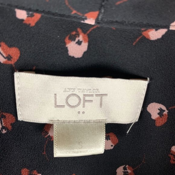 Ann Taylor LOFT Blouse Top Women Black Small Floral Tie Neck‎ Long Sleeve 8026 - Picture 2 of 6